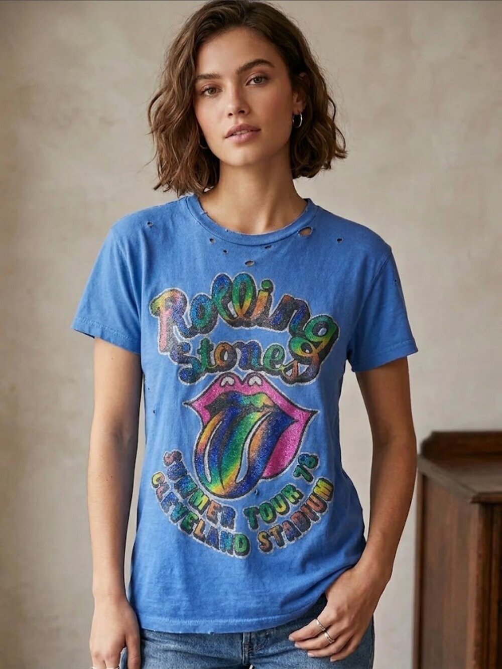 the Rolling Stones Short Sleeve Tee in Blue with Rainbow Tongue Graphic
